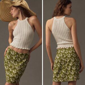 Anthropologie Colette Skirt by Maeve, Linen Blend Mini Skirt w/ Green Leaf Motif